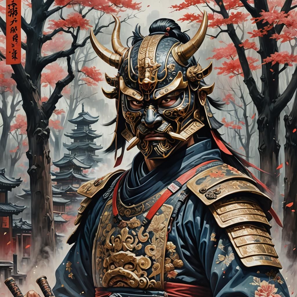 Samurai in Oni Mask: Oil Painting Portrait