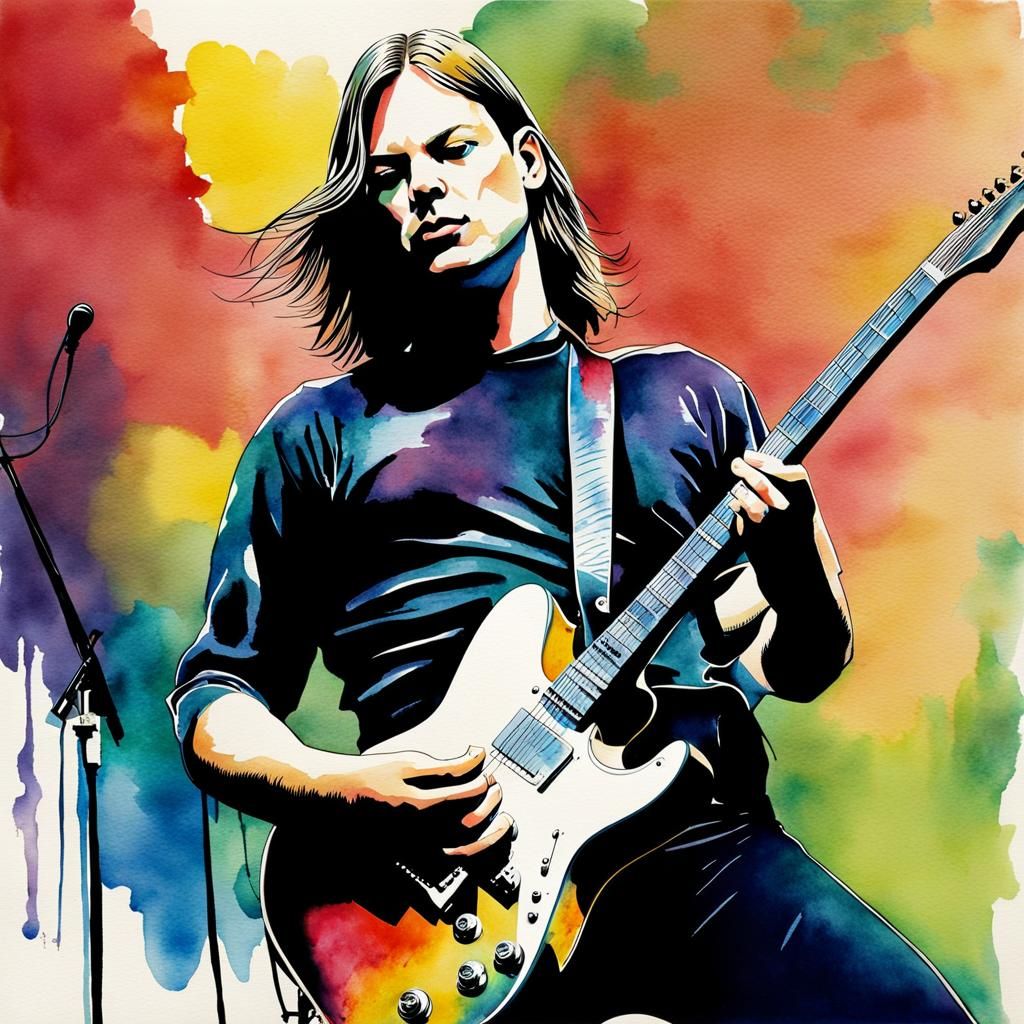 David Gilmour Watercolor Portrait with Electric Guitar