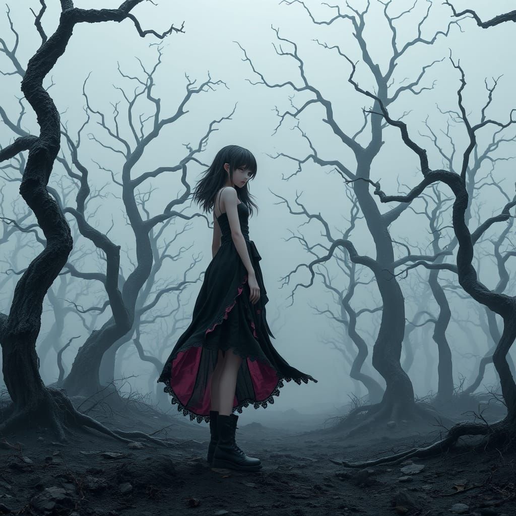 Pastel Goth Girl in Bleak Forest, 3D Anime Art