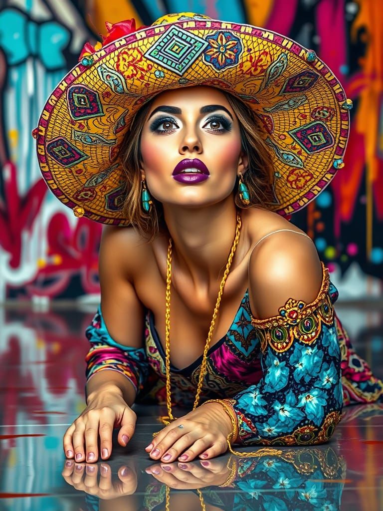 Elegant Woman in Colorful Graffiti Portrait