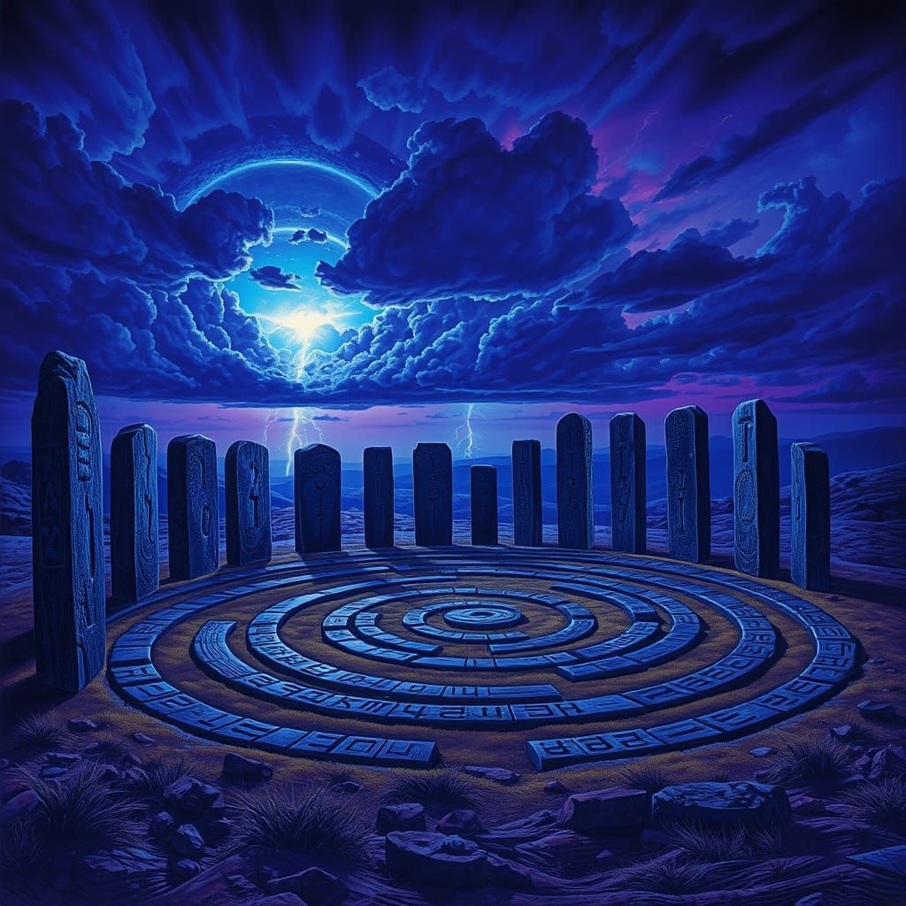 Spiraling Monoliths Under Indigo Twilight Sky