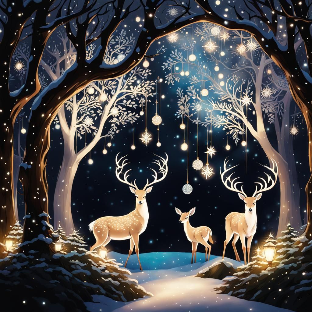 Deer Family Celebrates Winter in Anime Style