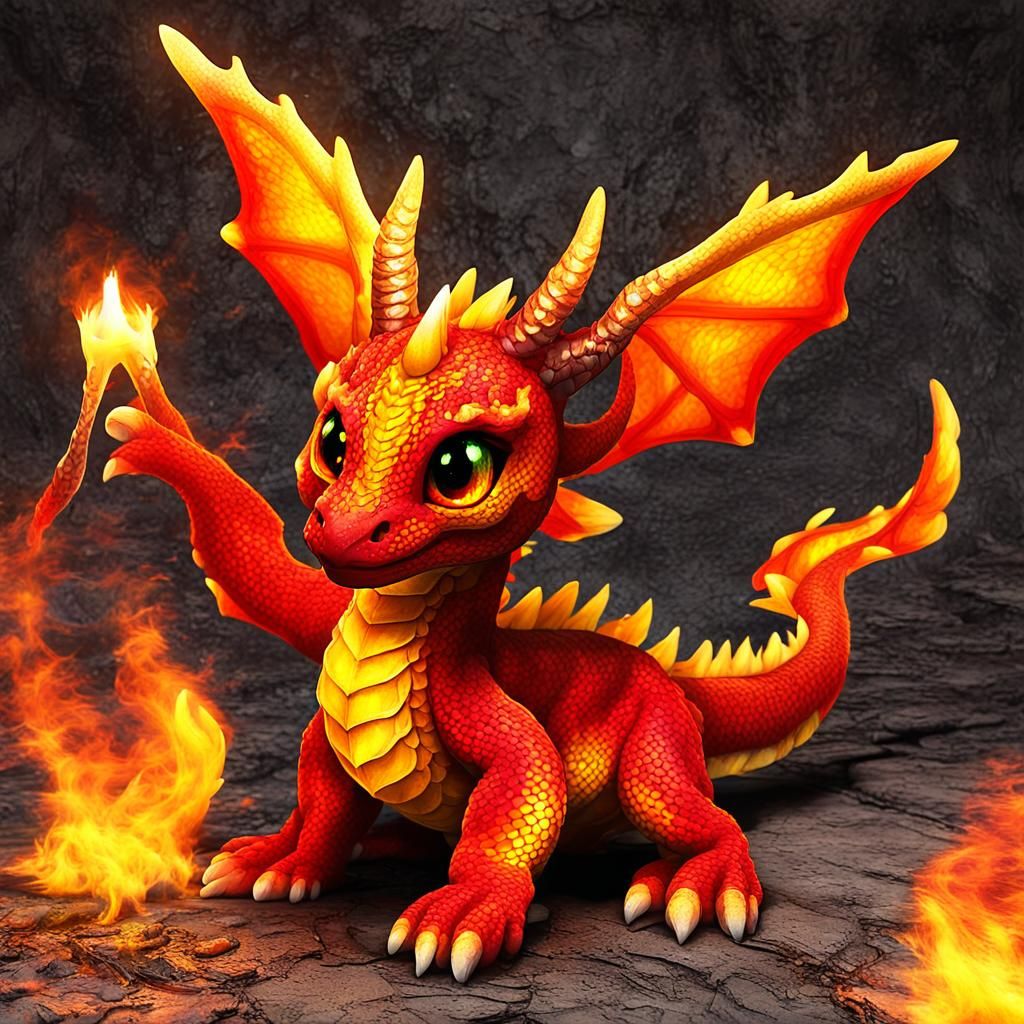 Adorable Baby Fire Dragon Digital Illustration