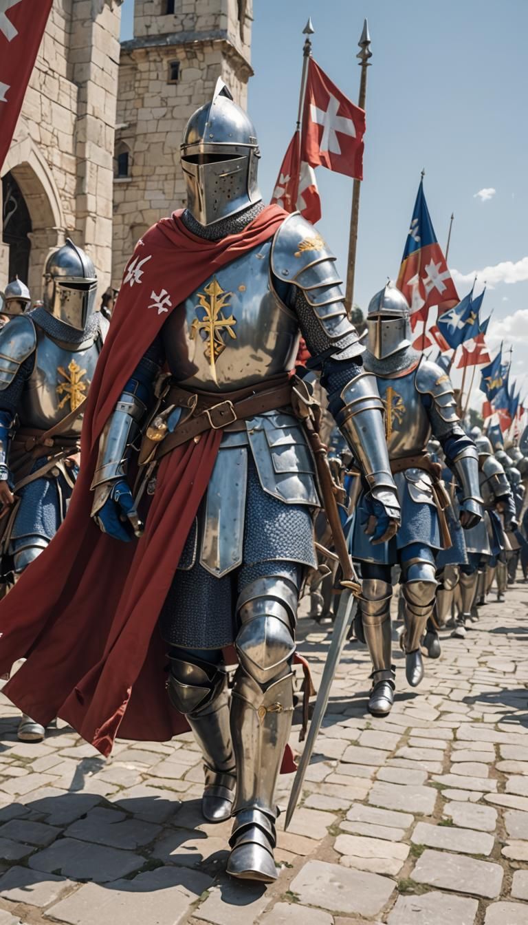 Knights in Blue and Silver Armor with Flags