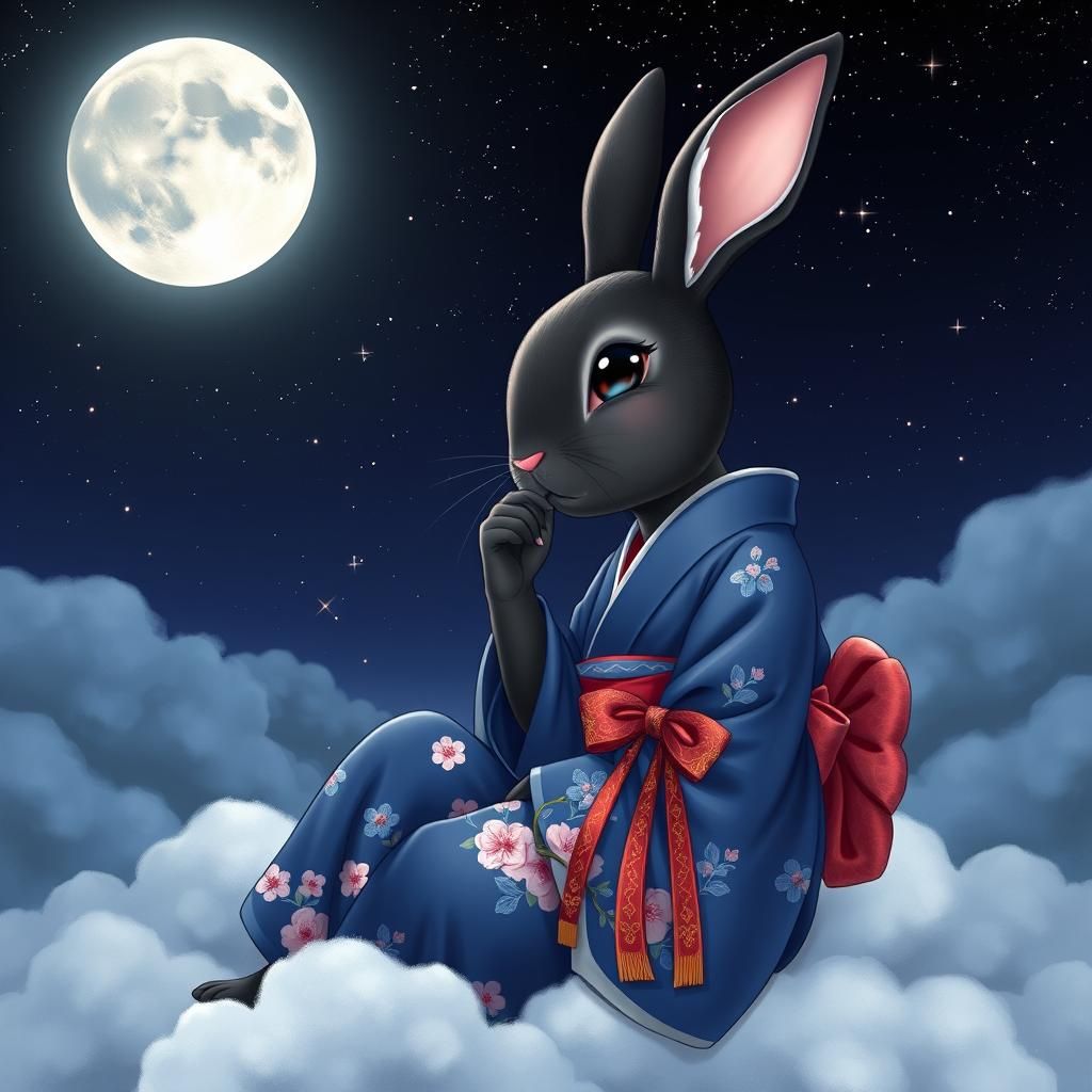 Rabbit Woman Gazing at Moon in Kimono