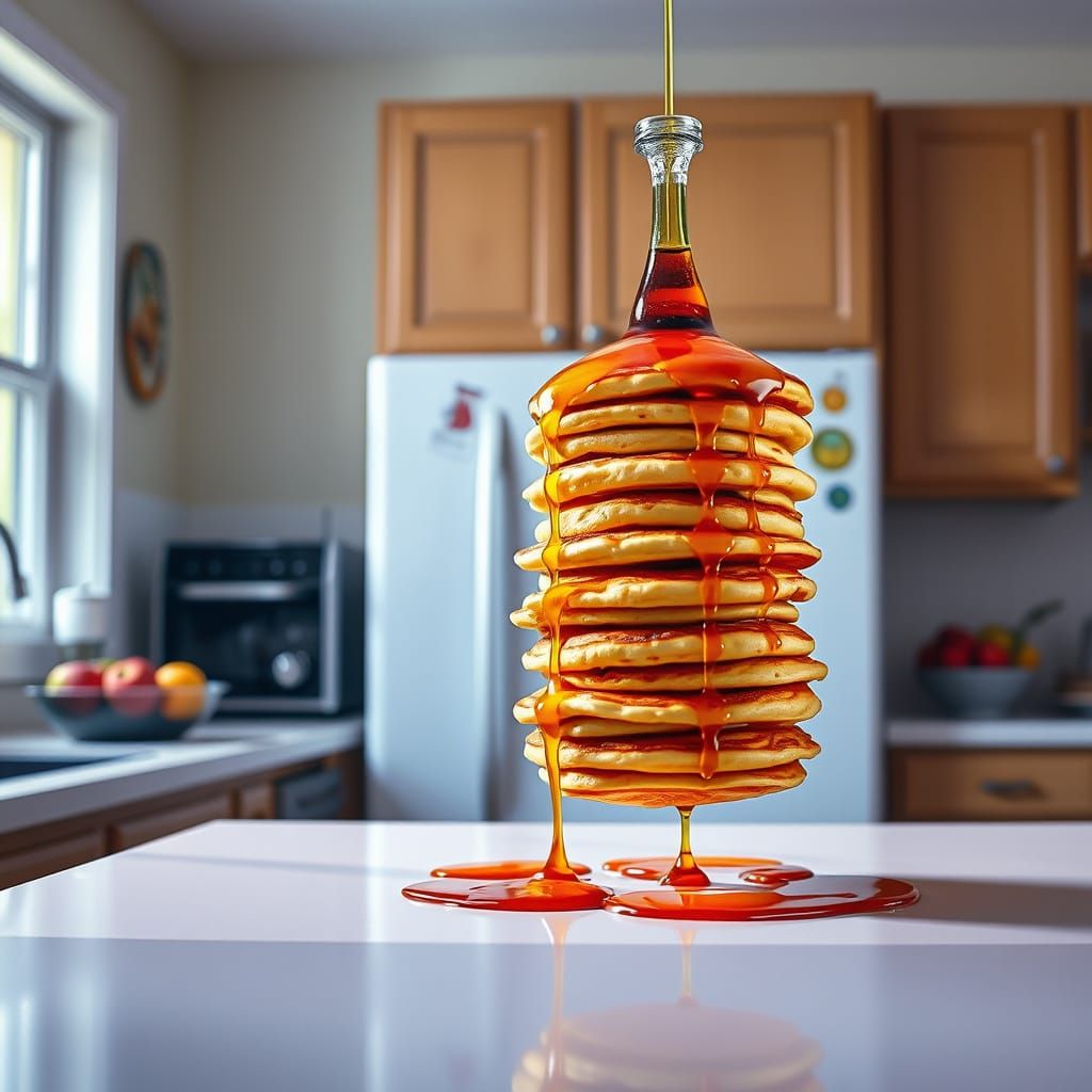 Surreal Pancakes Drip Colorful Syrup in a Bright Kitchen