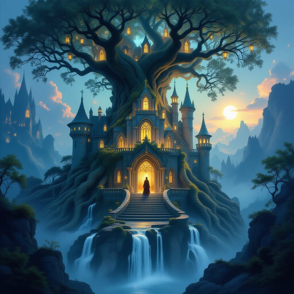 Ethereal Tree Castle in Twilight: Digital Matte Painting