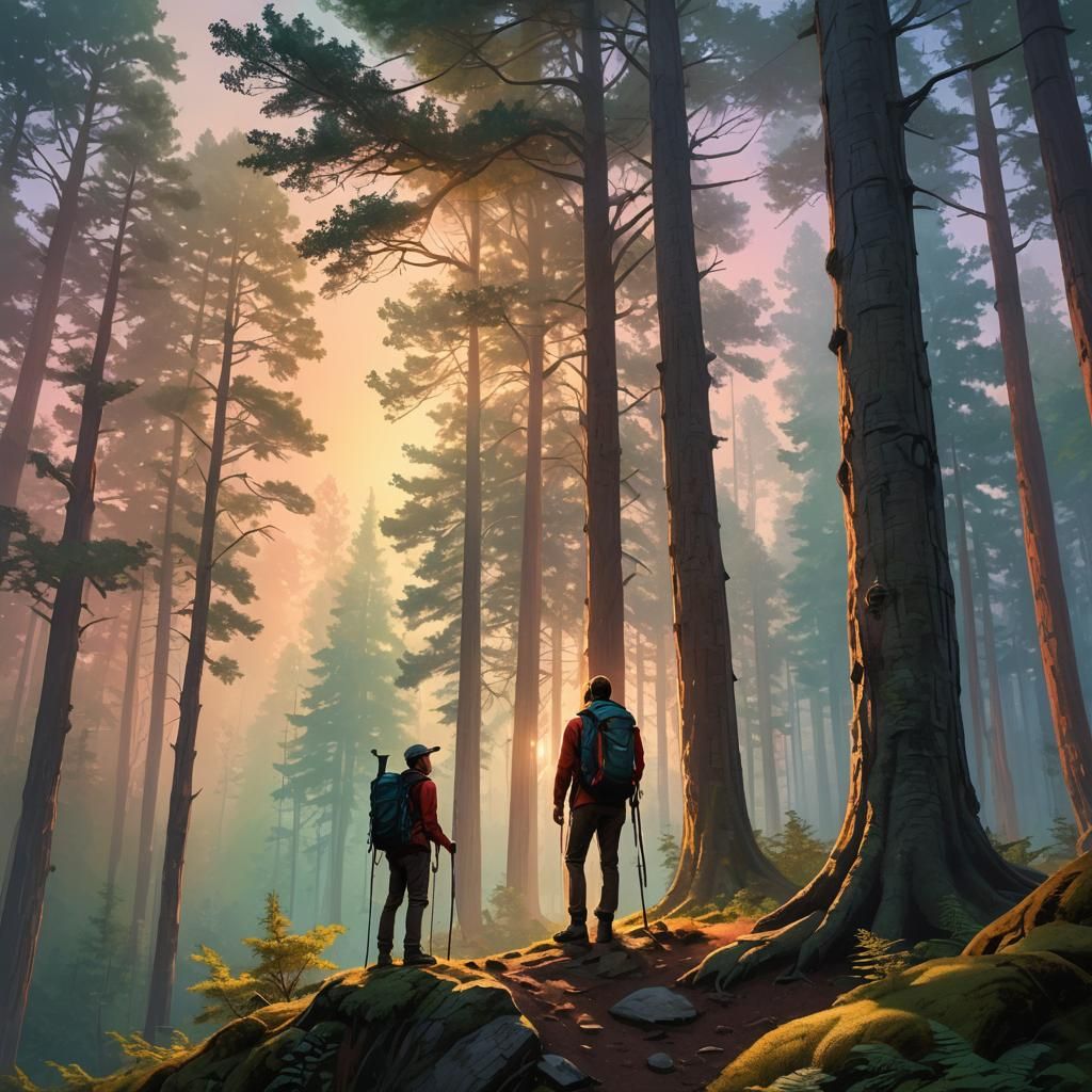 Hiker Gazing at Glowing Tree in Sunset Light