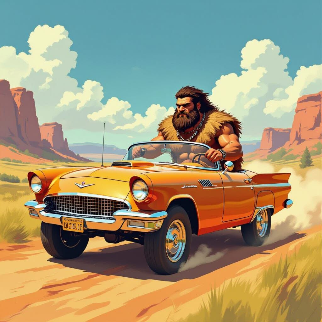 Caveman Drives Convertible in Prehistoric Landscape