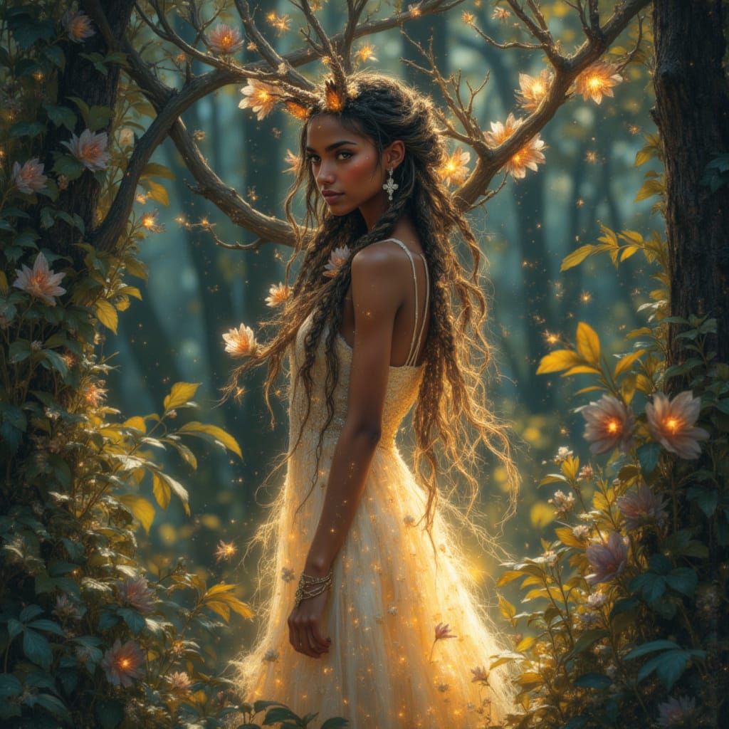 Luminous Deer-Woman in Enchanted Forest, Brushed Oils Style