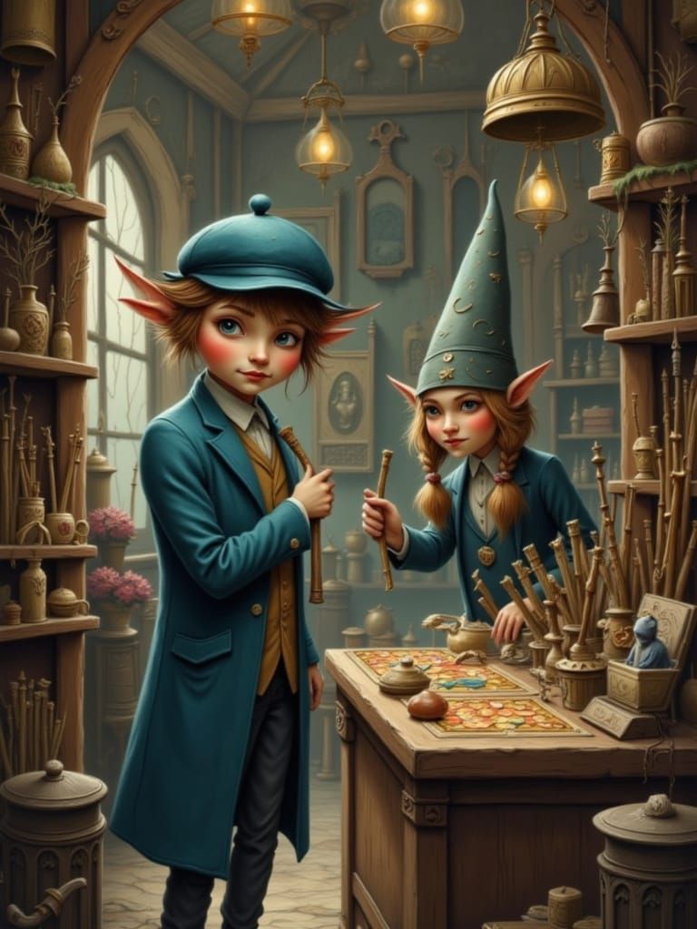 Elf Wand Maker Shows Samples to Wizard