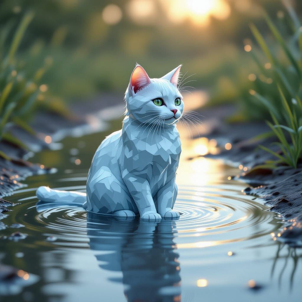 Water Cat in Puddle: Digital Concept Art
