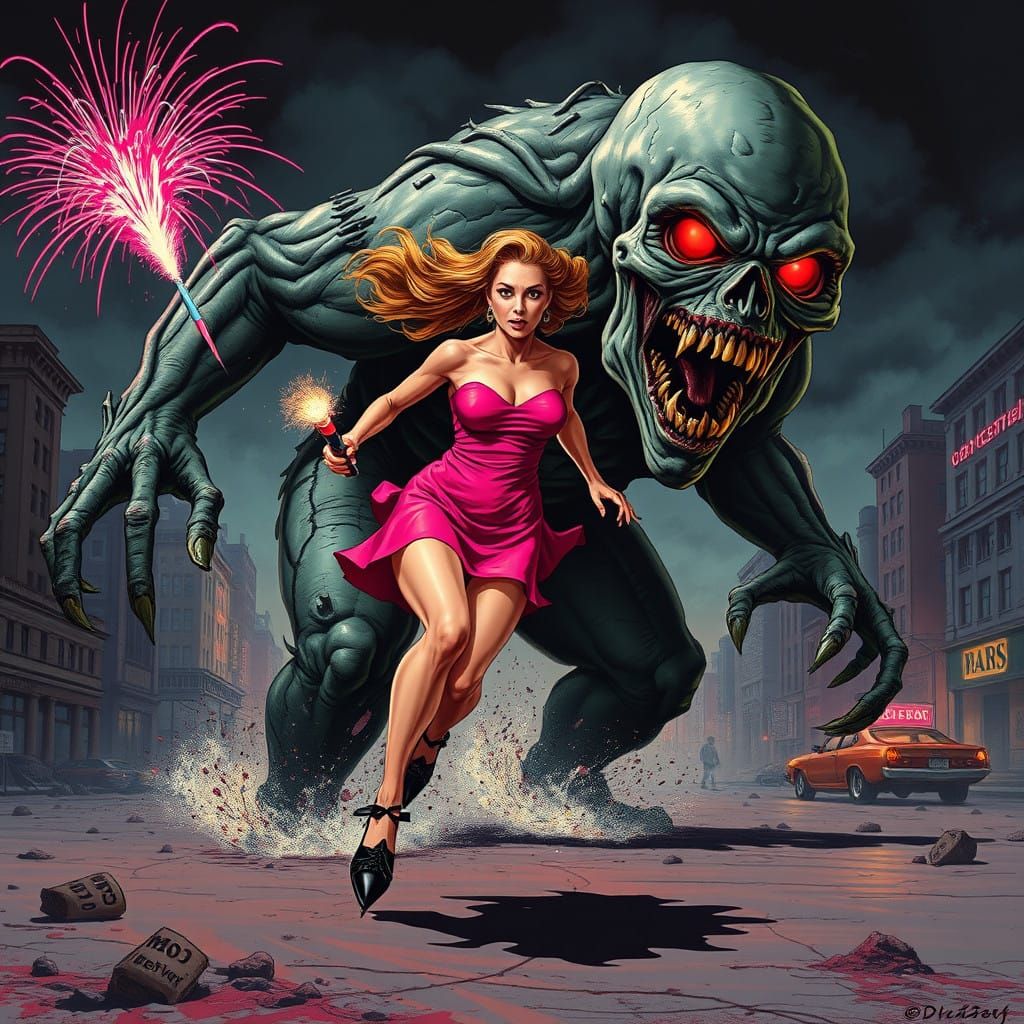 Post-Apocalyptic Zombie Chases Retro-Clad Survivor in Neon-L...
