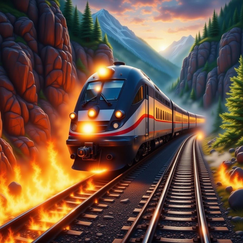 Fiery Clockpunk Train on Tracks: Detailed Digital Art