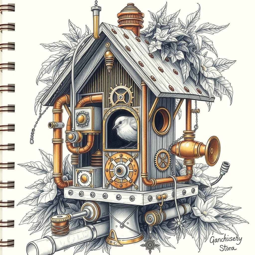 Steampunk Birdhouse: Intricate Copper and Gear Design