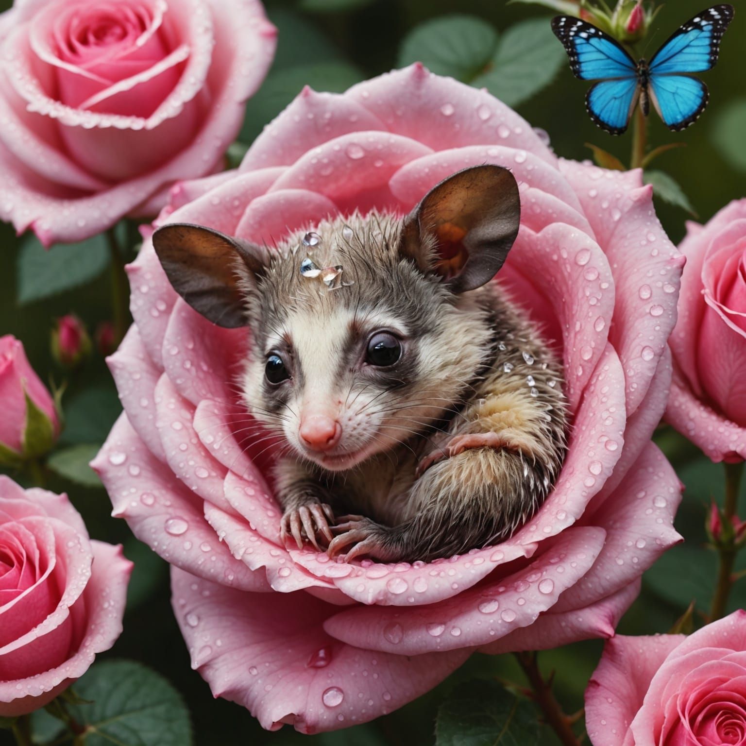 Baby Possum Sleeping in Rose with Butterfly