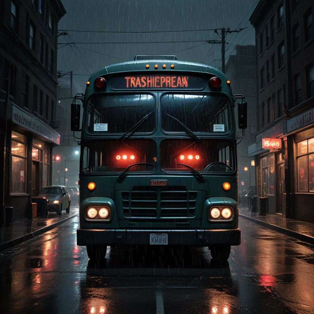 Vampire Bus Driver Reveals Fangs in Rainy Street