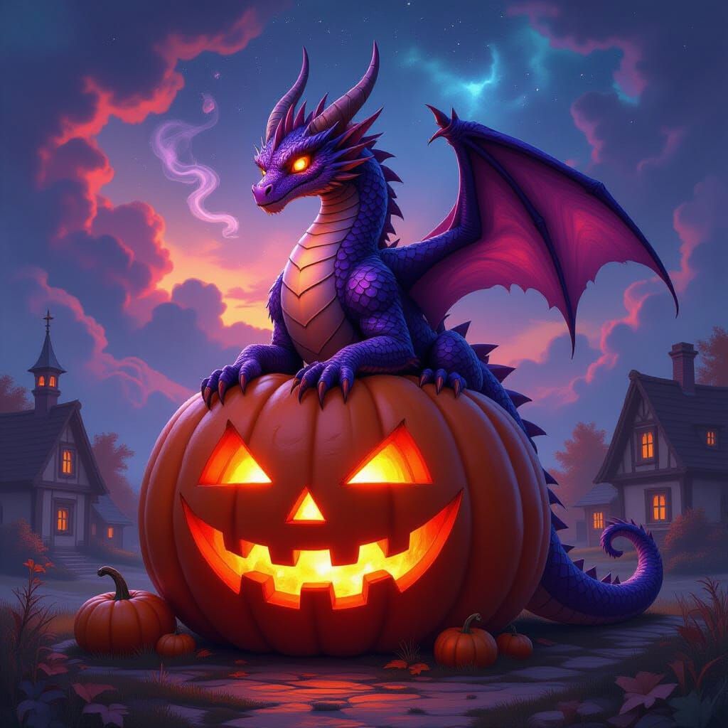 Amethyst Dragon on Gigantic Pumpkin, Digital Painting