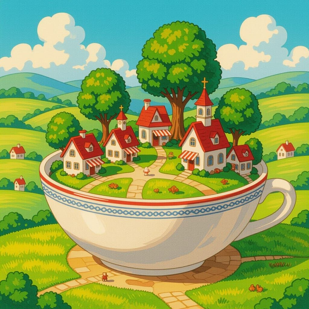 Mini Village in Soup Bowl, Whimsical Style