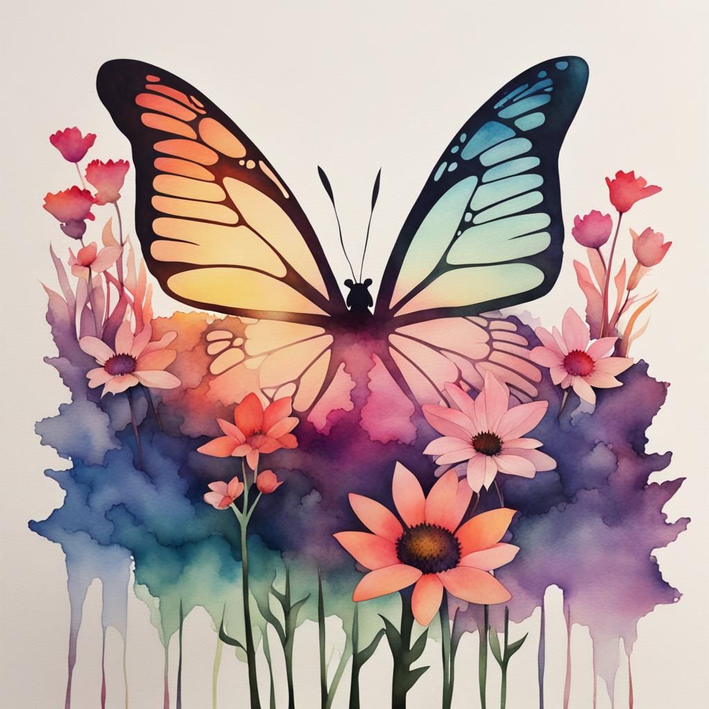 Butterfly Silhouette Flower Bed in Watercolor Style