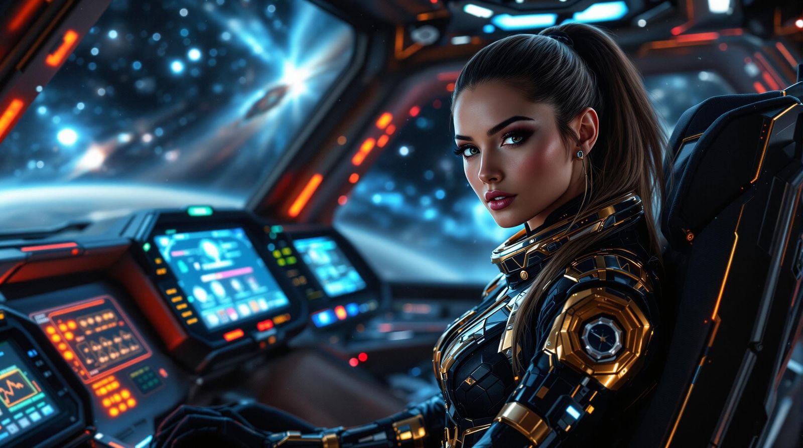 Female Space Pilot in Futuristic Cockpit