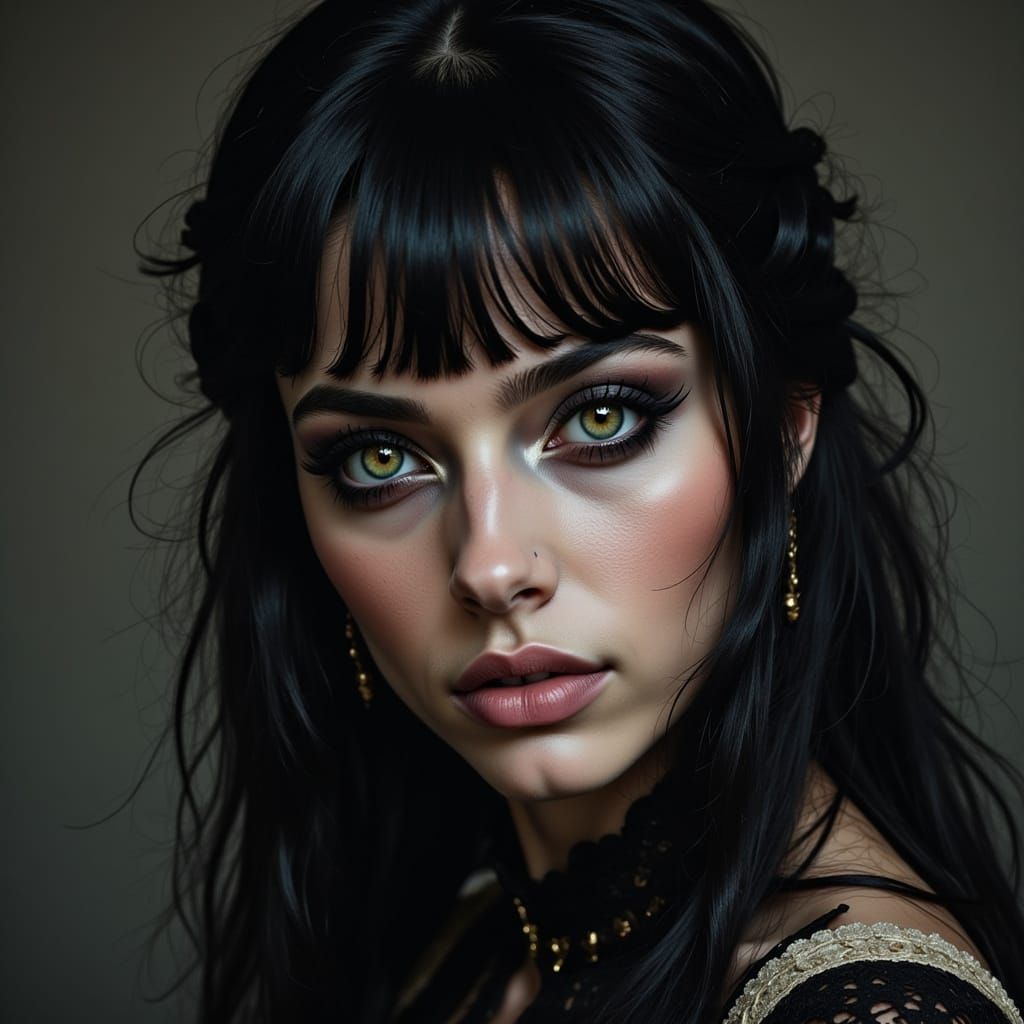 Dark Celestial Woman Portrait with Long Wild Hair