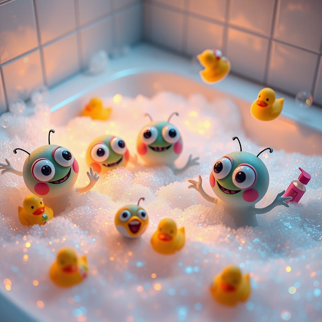 Googly-Eyed Microbes Party in Bathtub, Cartoon Style