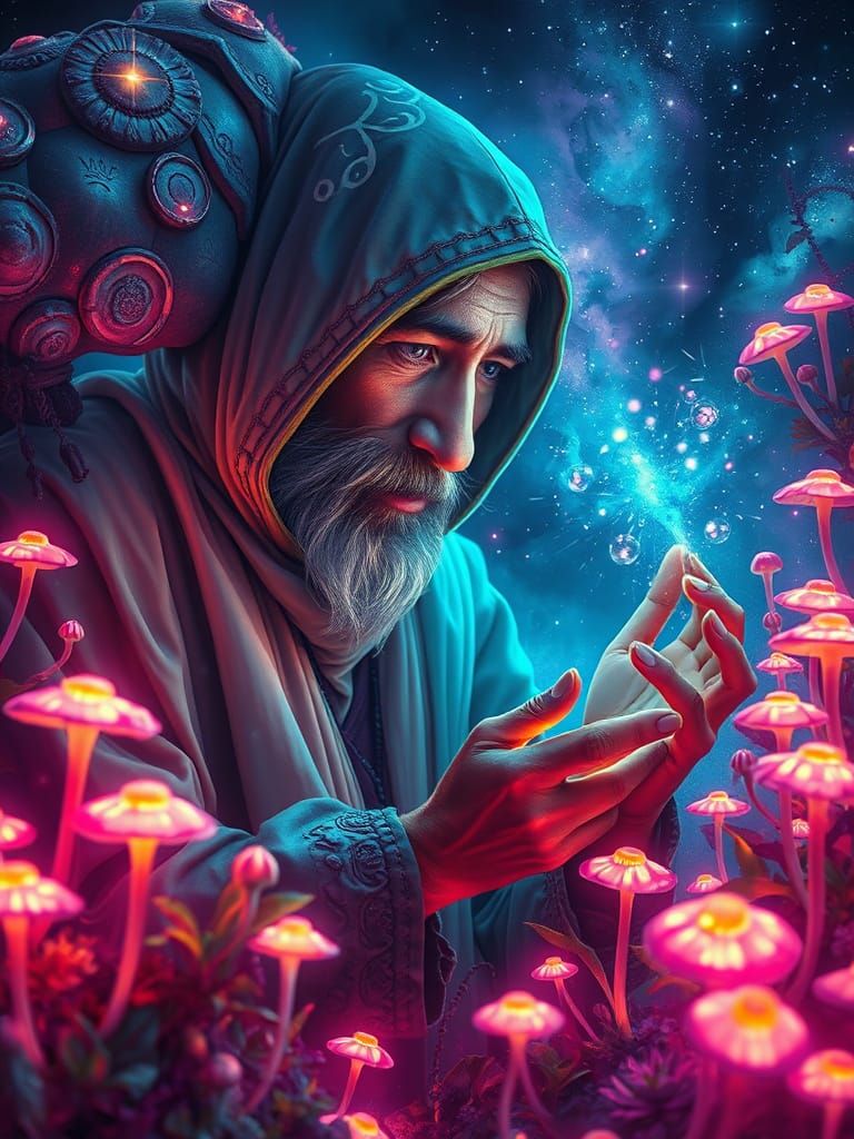 Cosmic Herbalist Tending Glowing Nebula Garden