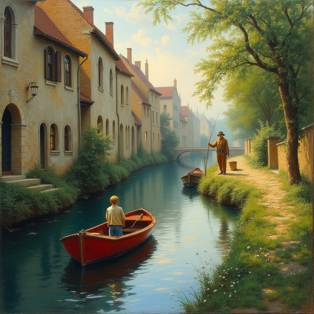 Romantic Era Canal Scene with Figures Fishing