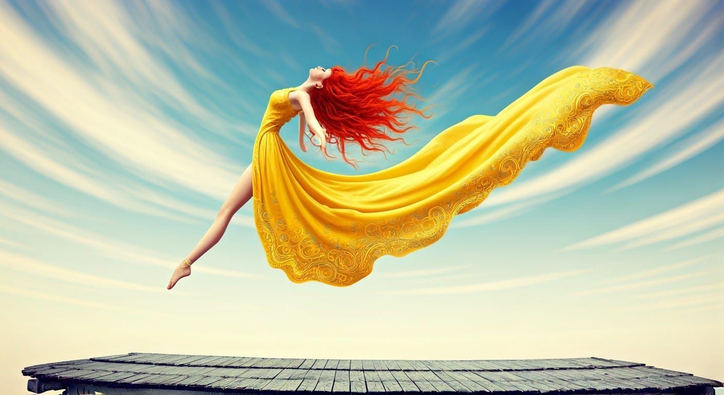 Ethereal Woman in Flight, Radiant Red Hair and Golden Embroi...