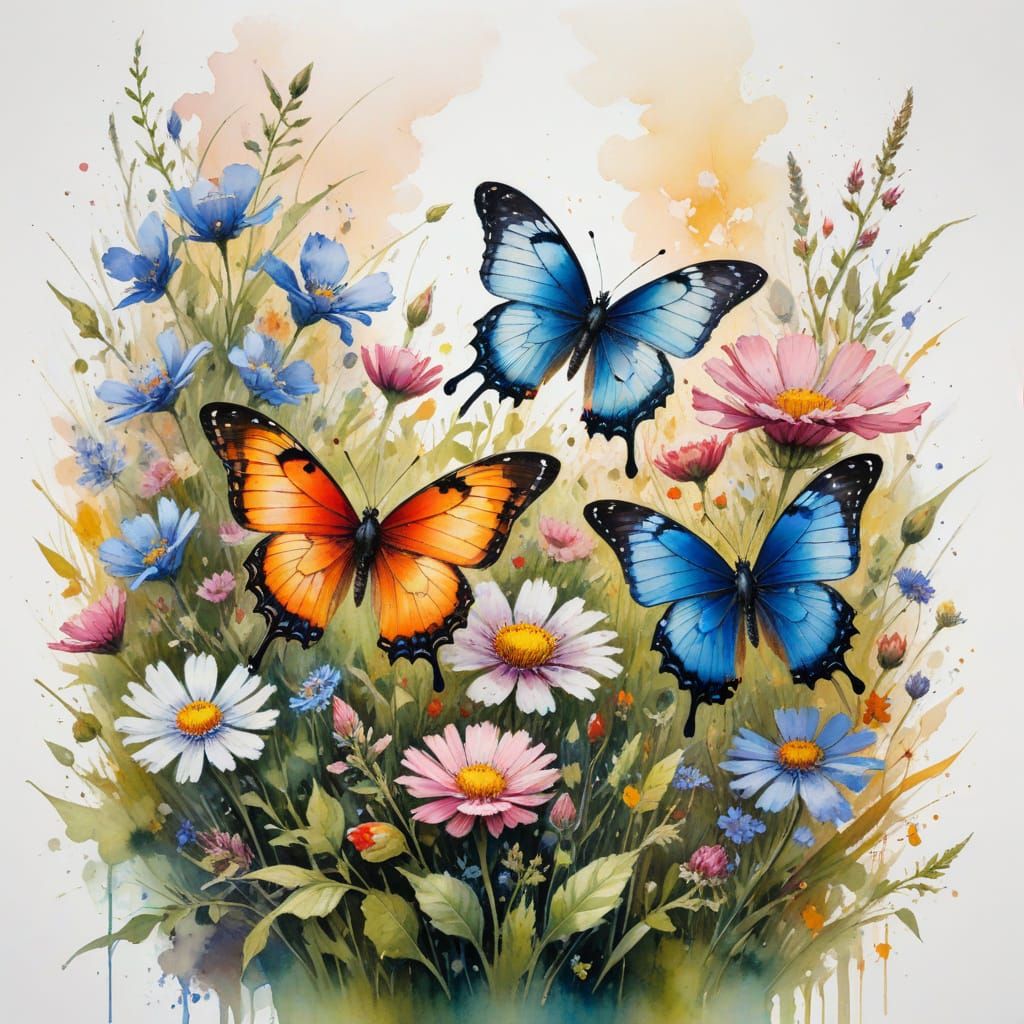 Whimsical Watercolour Butterflies in a Serene Wildflower Mea...