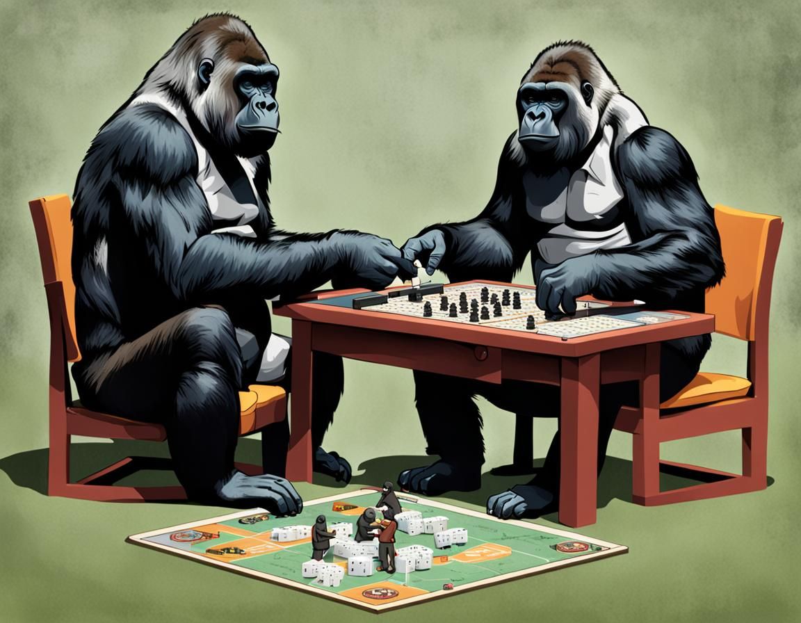 Gorillas Playing Board Game with Tiny Figures