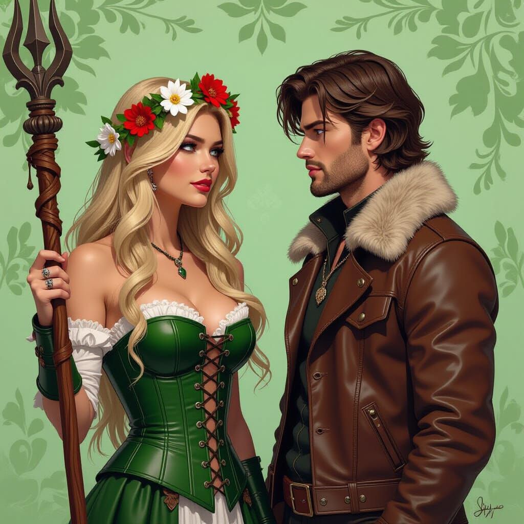 Woman with Staff and Man in Digital Illustration