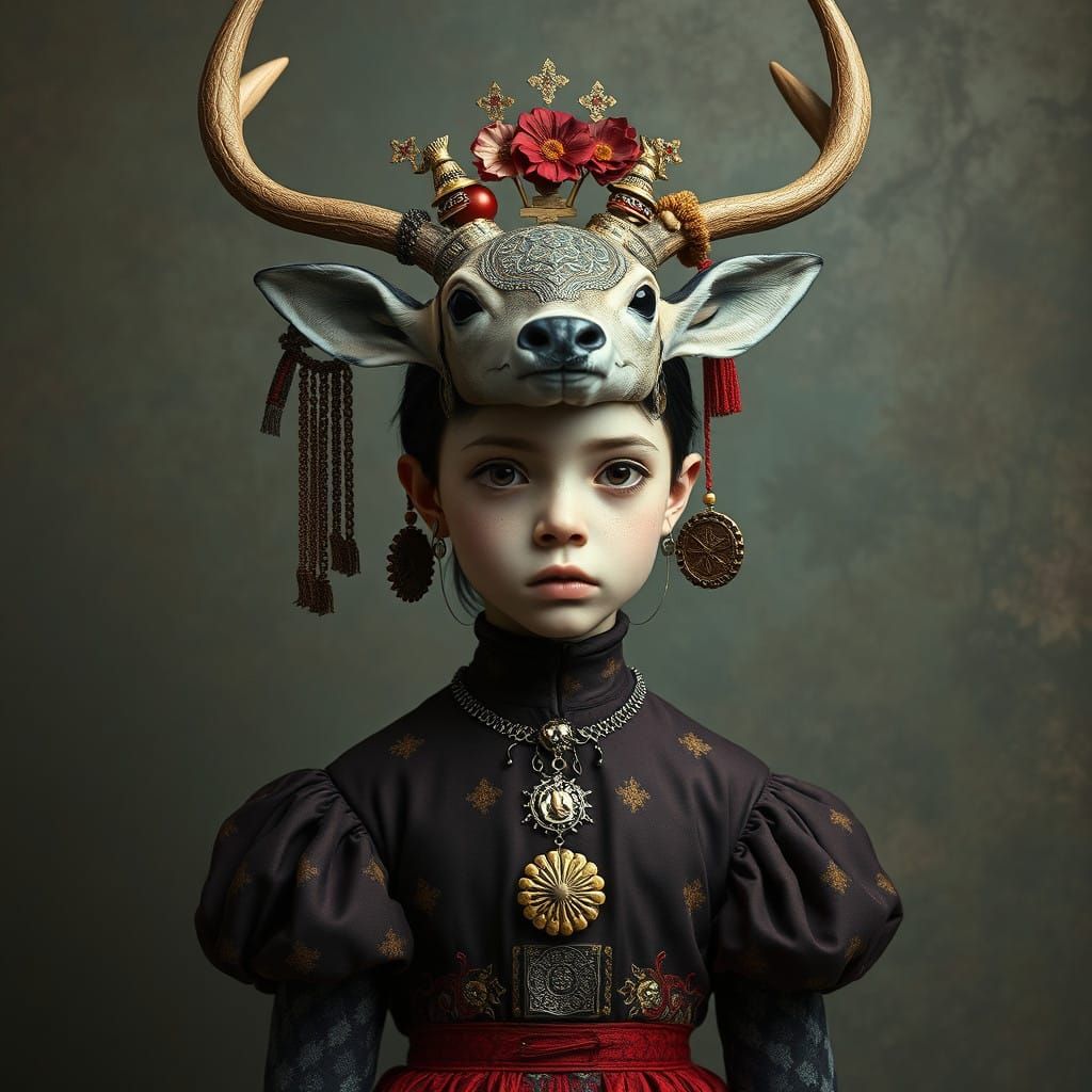 Young Girl with Deer Head Adornments in Enchanted Realism St...