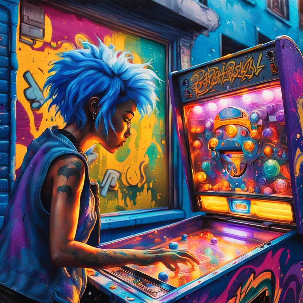 Blue-Haired Woman in Colorful Graffiti Alley