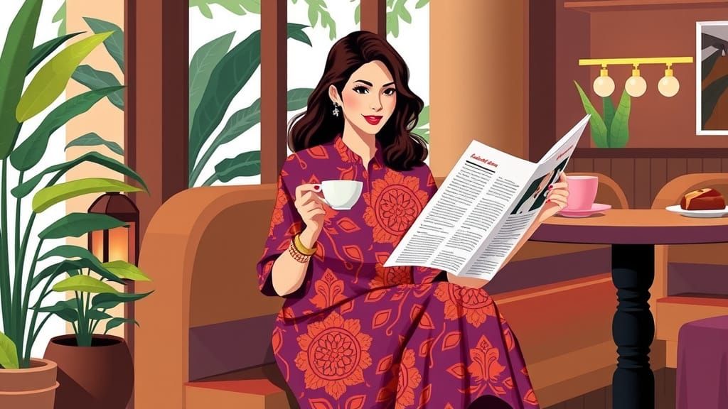 Indonesian Woman in Elegant Batik-Inspired Café Scene