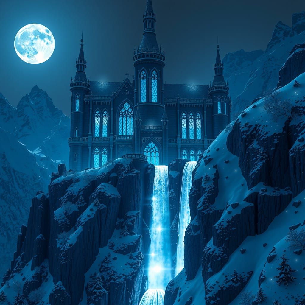 Ethereal Ice Castle Rises from Snowy Mountainside Under Full...