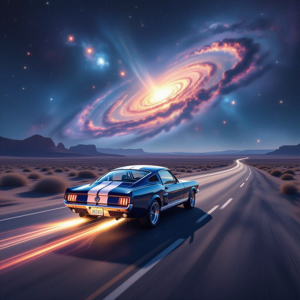 Mustang Speeds Through Cosmic Desert Highway