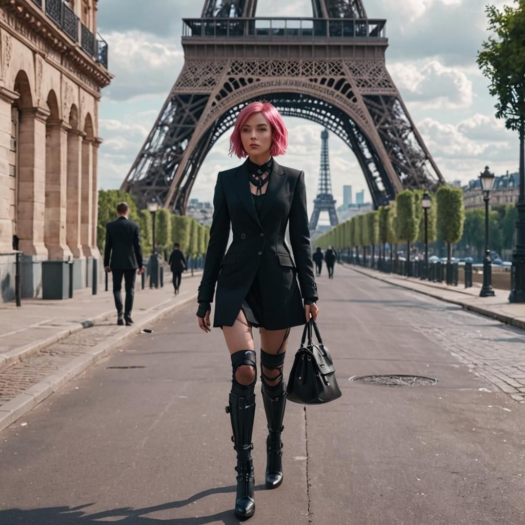 Dystopian Paris: Pink-Haired Woman in Futuristic Cityscape