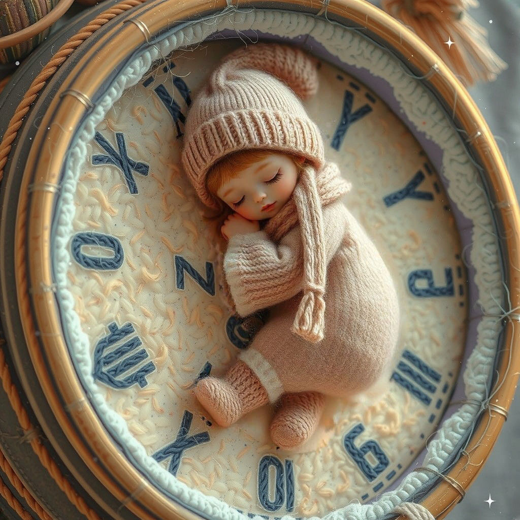 Dreamy Winter Scene of Girl Sleeping on Clock in Wool Thread...