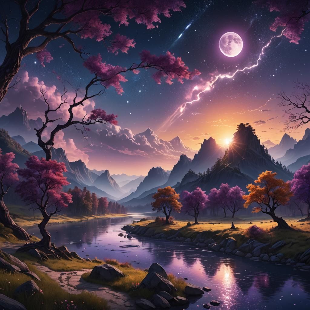 Panoramic Mountain Landscape Split by Day and Night