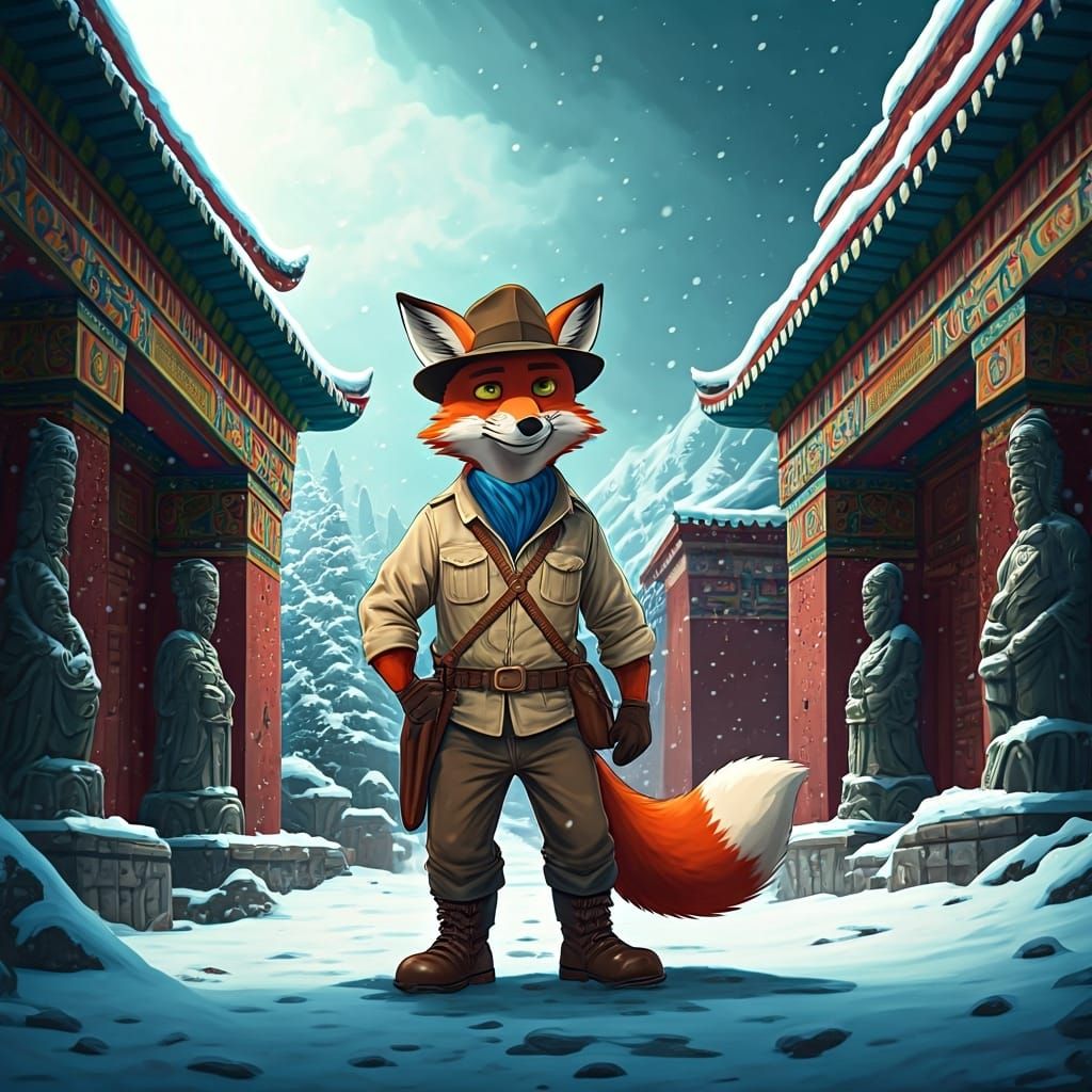 Fox Adventurer Exploring Ruined Tibetan Temple