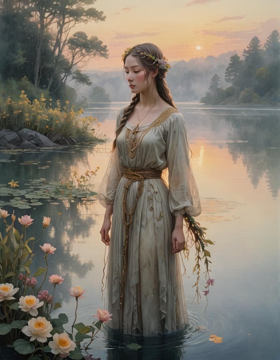 Ethereal Dawn Maiden at Misty Lake
