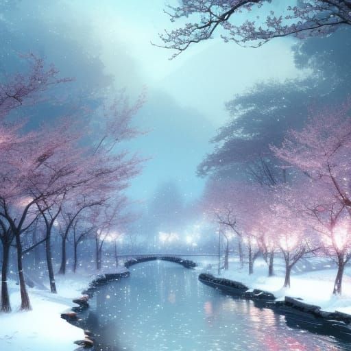 Glittering Snow Landscape with Cherry Blossoms, Hyperdetaile...