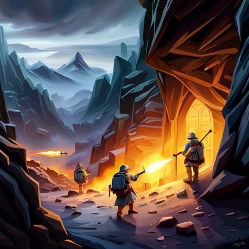 Dwarves Enter Misty Mountains Mine: Hyperrealistic Photo