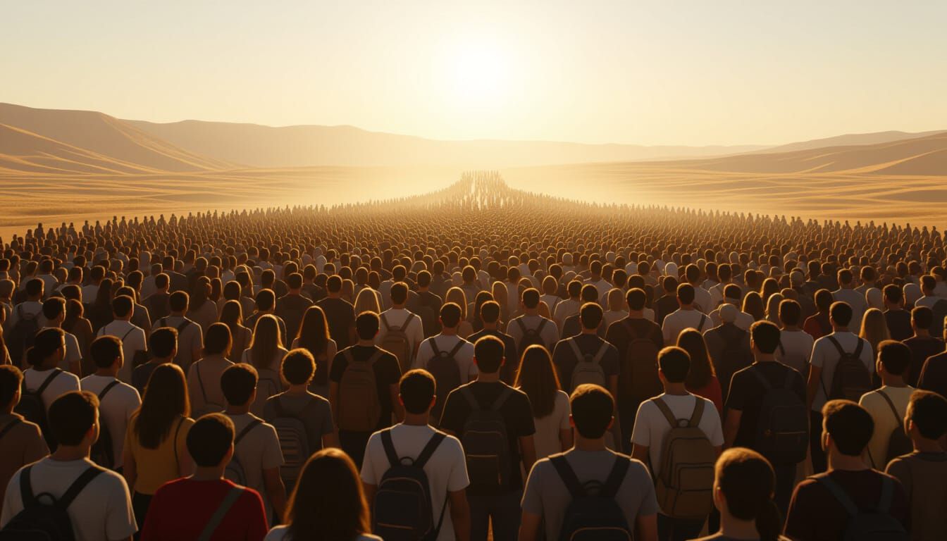 Hopeful Transition: Diverse Crowd Enters Vast Landscape