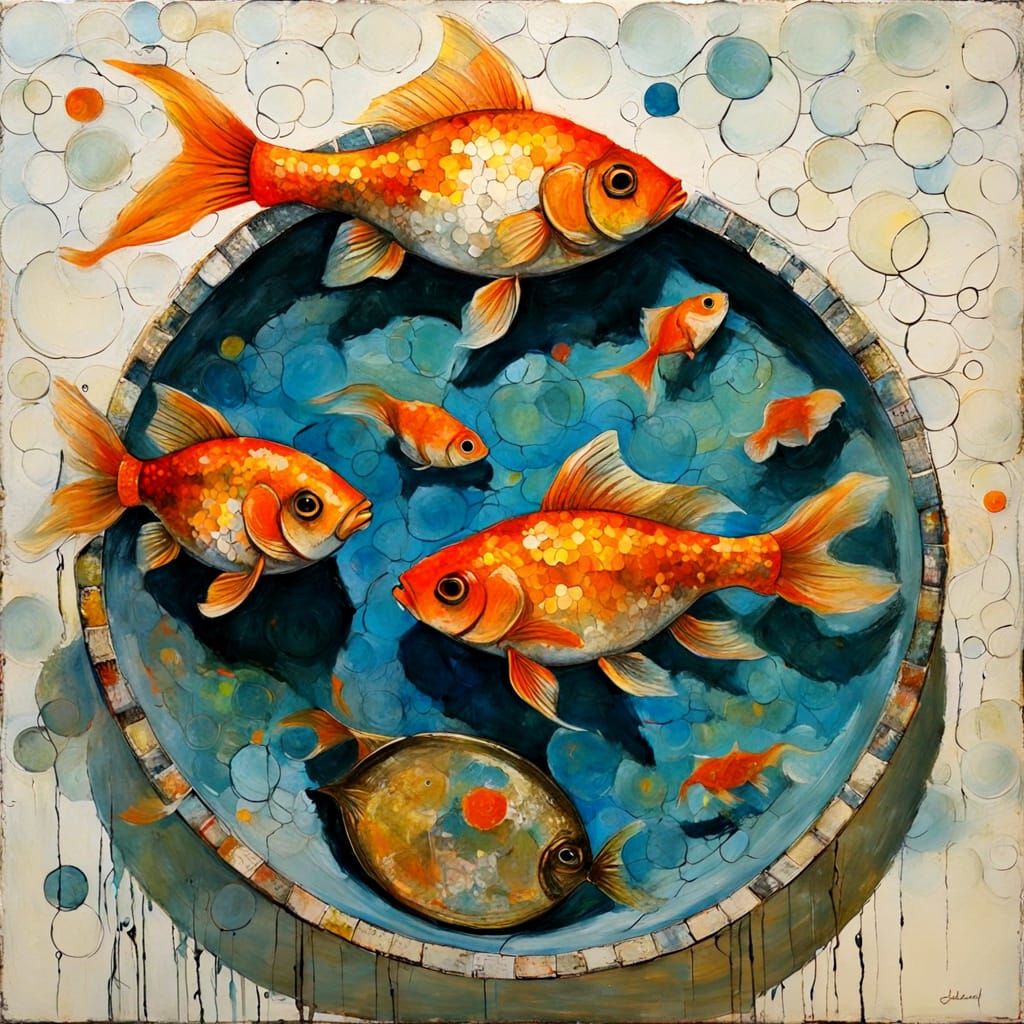 Goldfish in a Textured Naive Encaustic Painting