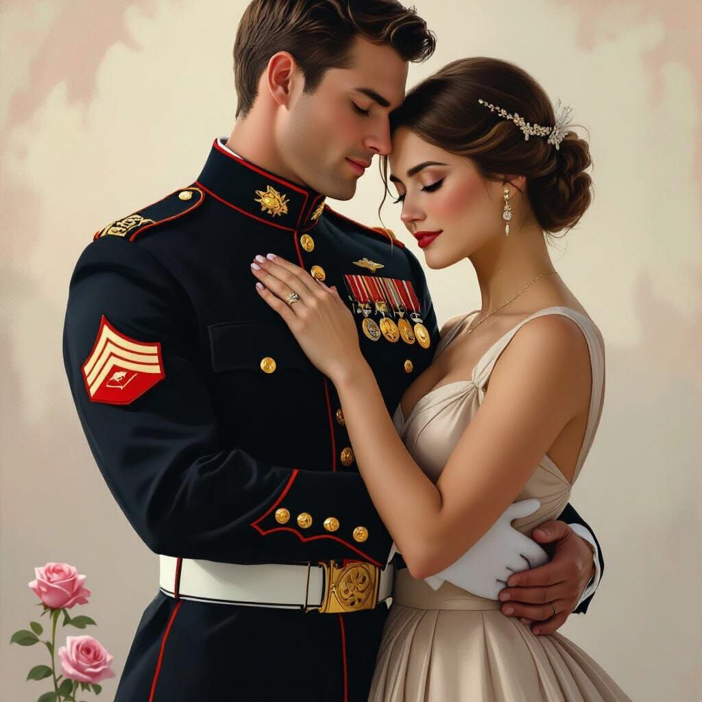 Marine Musician and Partner Embrace in Romantic Cinematic Mo...