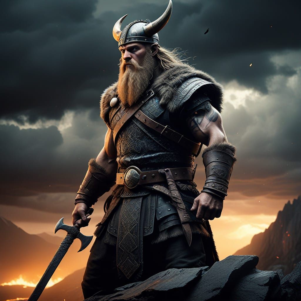 Viking King on Cliff with Runed Axe