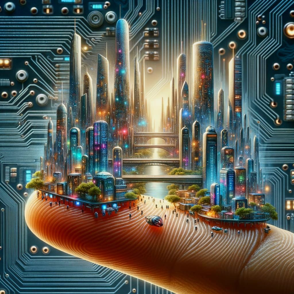 Futuristic Microchip City on a Fingertip